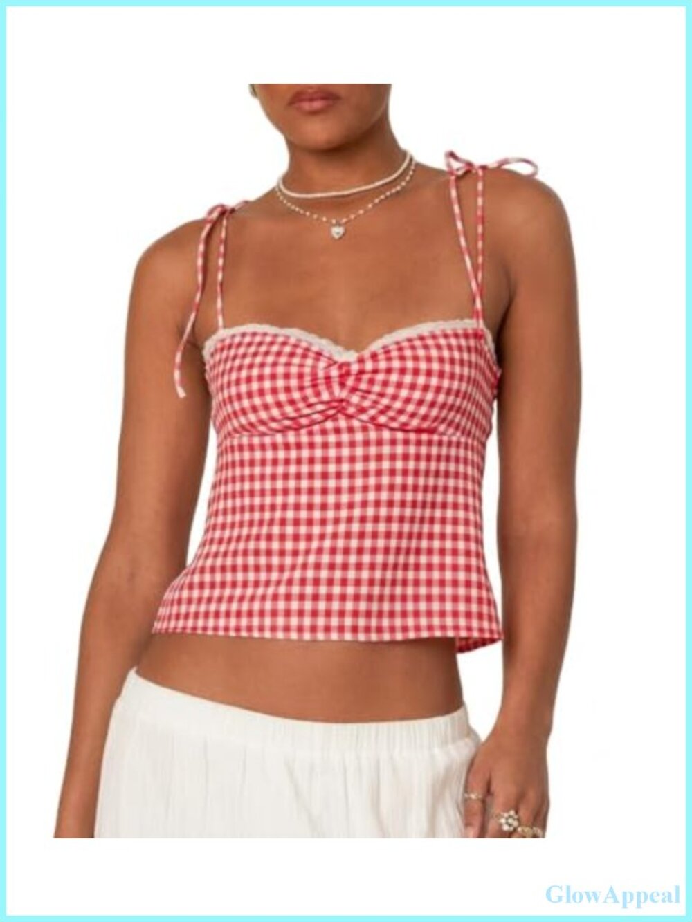 Y2K Gingham Plaid Tank Top Tie Front Button Down Crop Top Lace Trim Square Neck